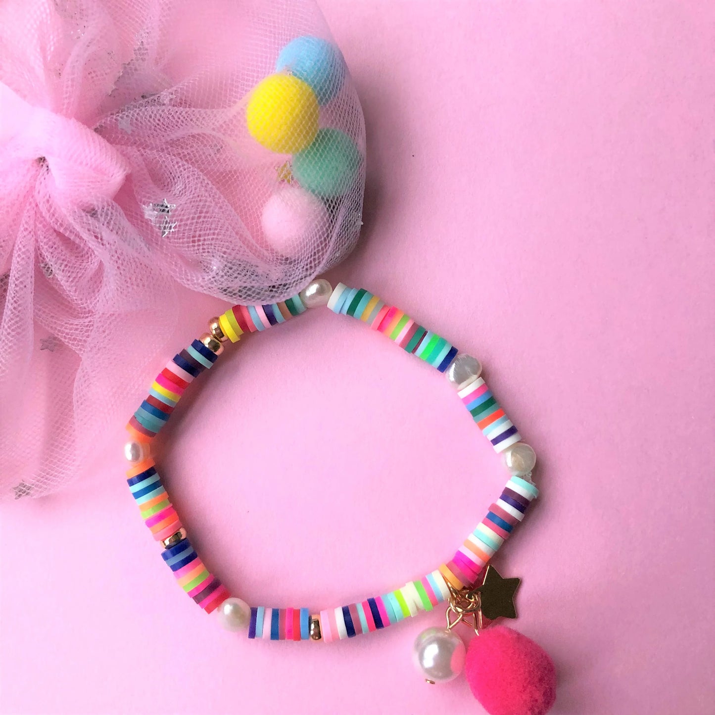 Bracelet - Rainbow with Pom Pom and Pearl