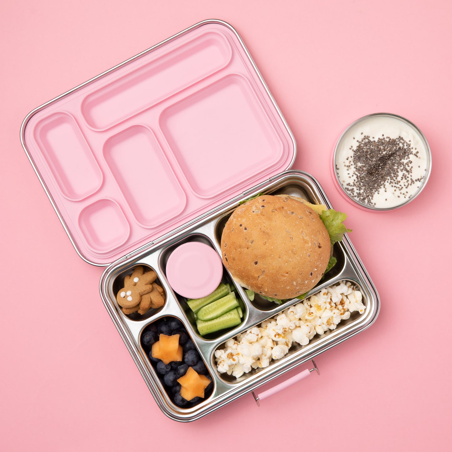 Five Compartment Leakproof Stainless Steel Lunchbox - Pink