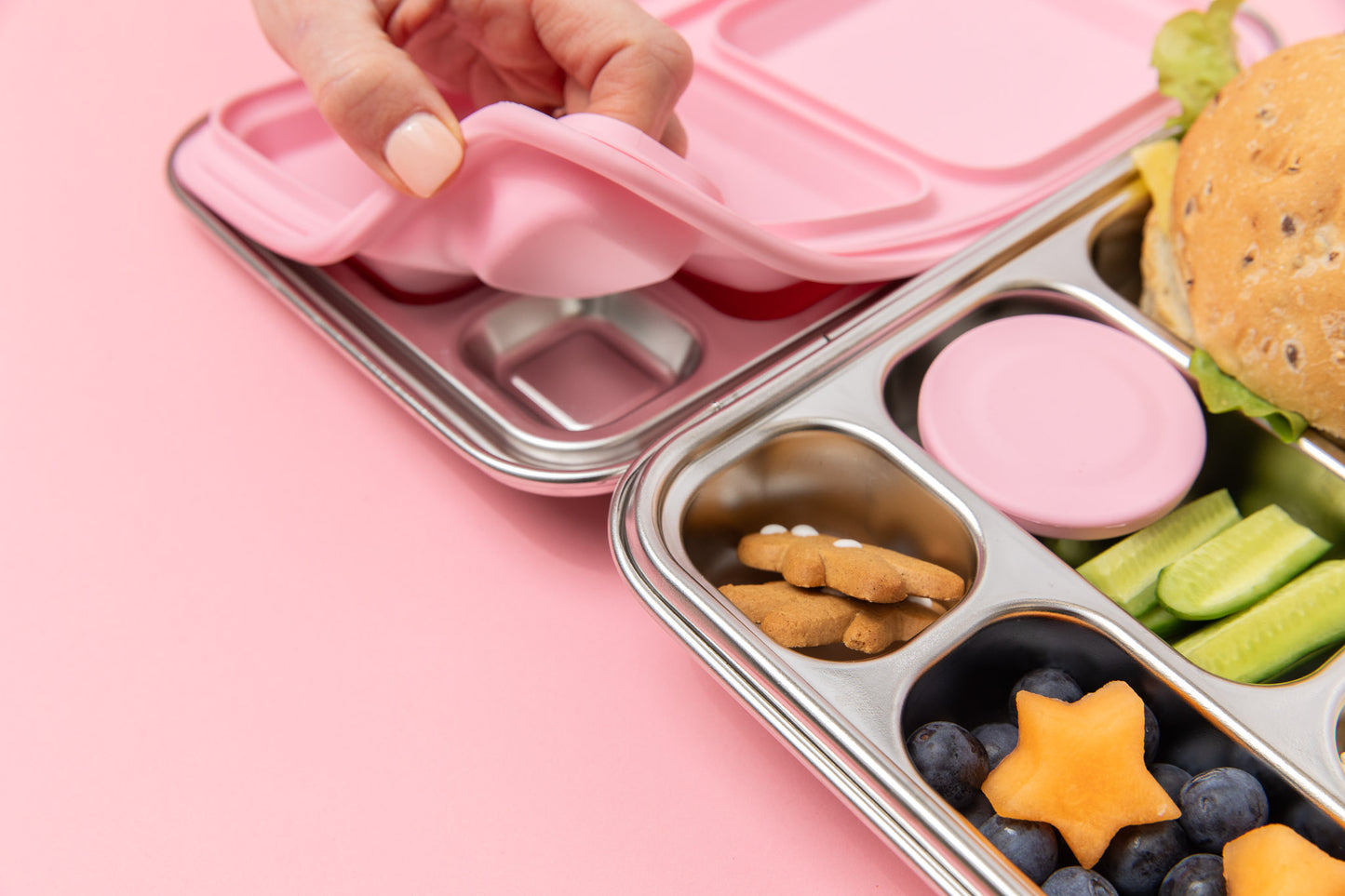 Five Compartment Leakproof Stainless Steel Lunchbox - Pink