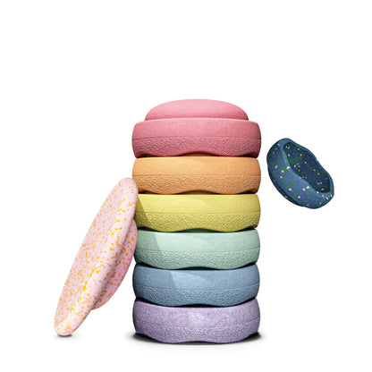 LIMITED EDITION EASTER PROMO - Stapelstein Balance Stepping Stones - Original size, Set of 6, Rainbow Pastel + Mini Pond & Petal Balance Board