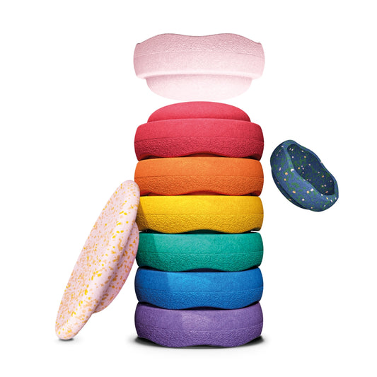 LIMITED EDITION EASTER PROMO - Stapelstein Balance Stepping Stones - Original size, Set of 7, Rainbow Original with Rose + Mini Pond & Petal Balance Board