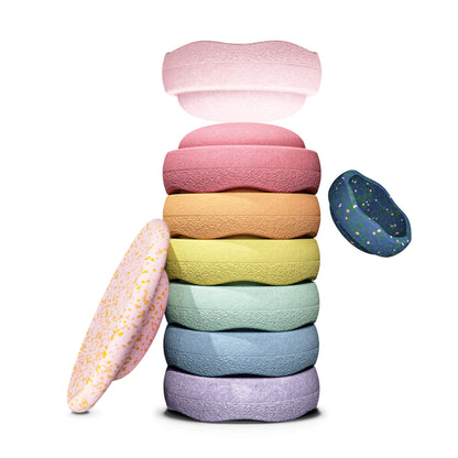 LIMITED EDITION EASTER PROMO - Stapelstein Balance Stepping Stones - Original size, Set of 7, Rainbow Pastel with Rose + Mini Pond & Petal Balance Board