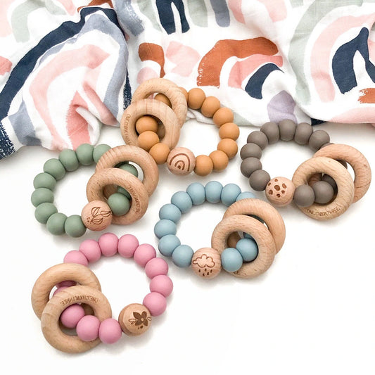 Silicone and Wood Rattle Teether - Elements