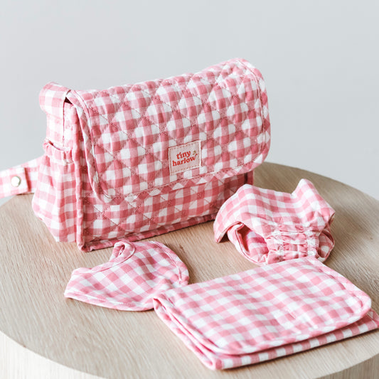 Doll's Nappy Bag and Set - Pink Gingham